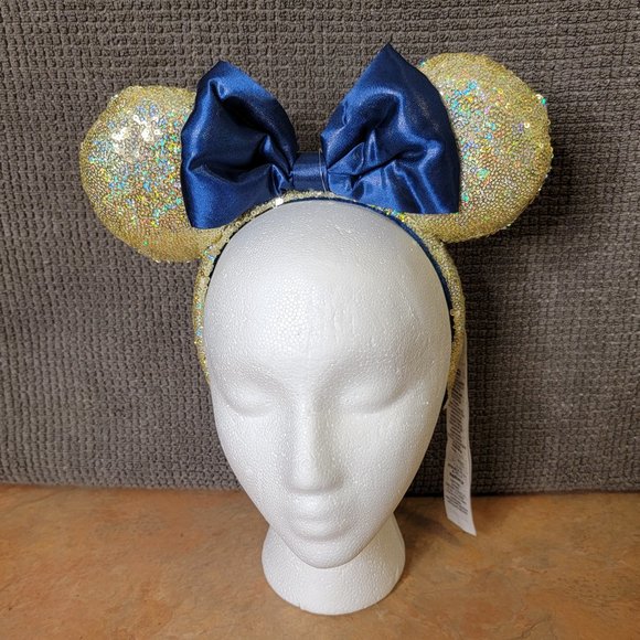 Disney Parks WDW 50th Anniversary Gold Sequin Blue Bow Ears Headband EARidescent - Picture 1 of 7